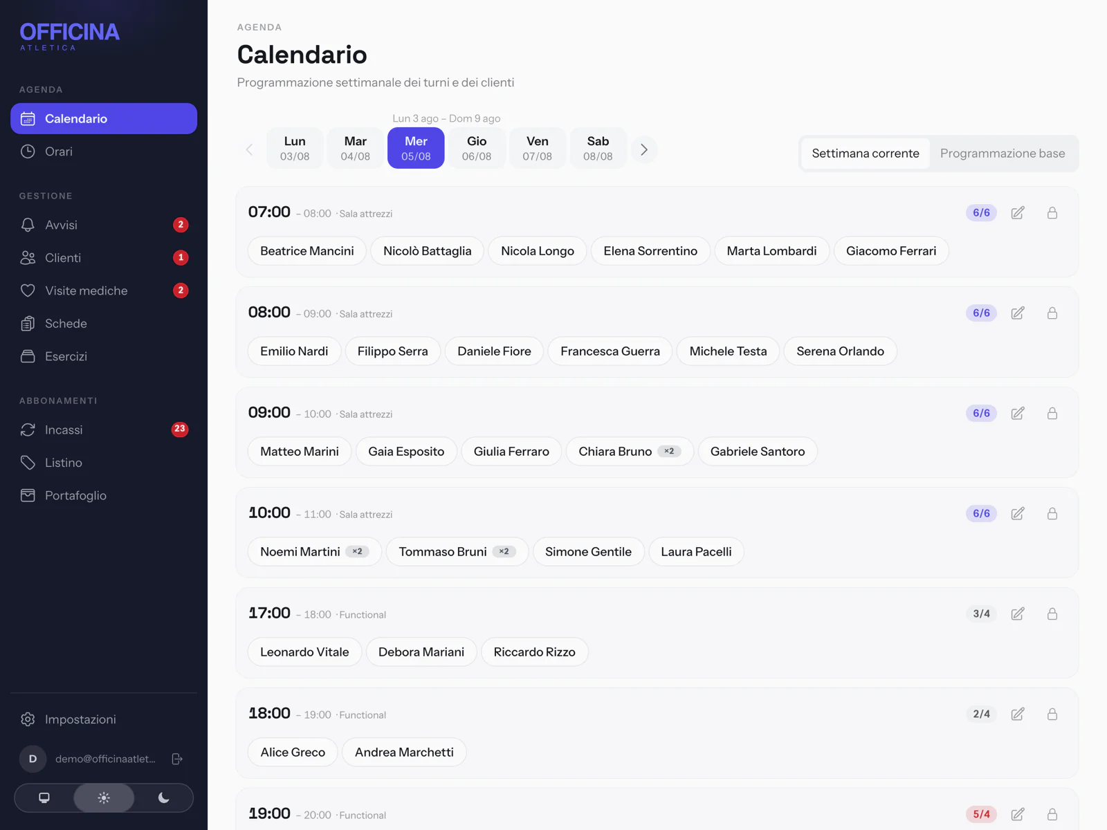 Il calendario del trainer: turni pieni, iscritti per fascia oraria