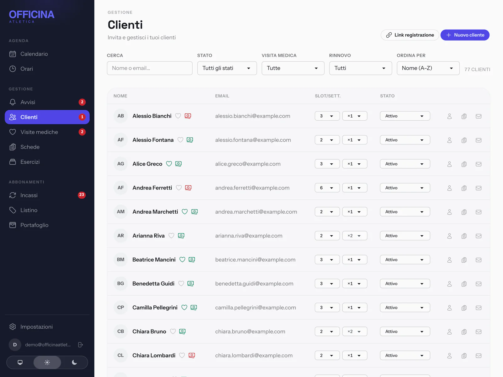 La pagina Clienti: stati, abbonamenti e ricerca