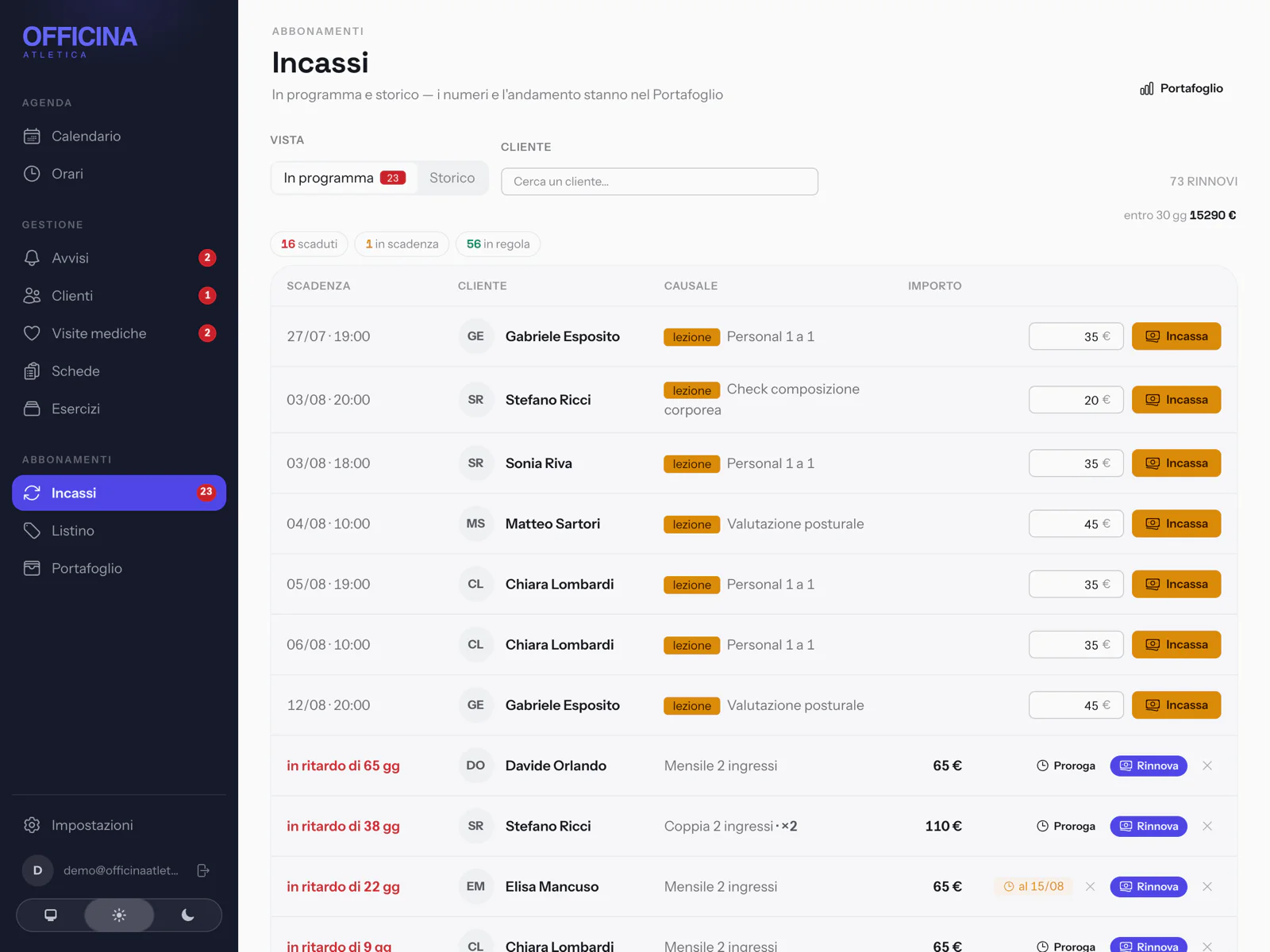 La pagina Incassi: rinnovi in scadenza e lezioni da incassare